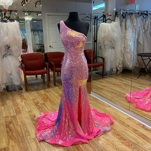 One shoulder fully sequined prom gown
